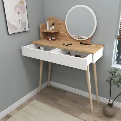 Aron Makeup Vanity Table with Mirror - Atlantic Pine / White