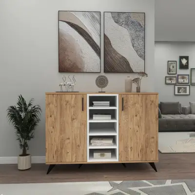 Octavia Sideboard with Cabinets and Shelves - Atlantic Pine / White