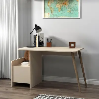 Babel Computer Desk with Cabinet - Light Walnut / Beige