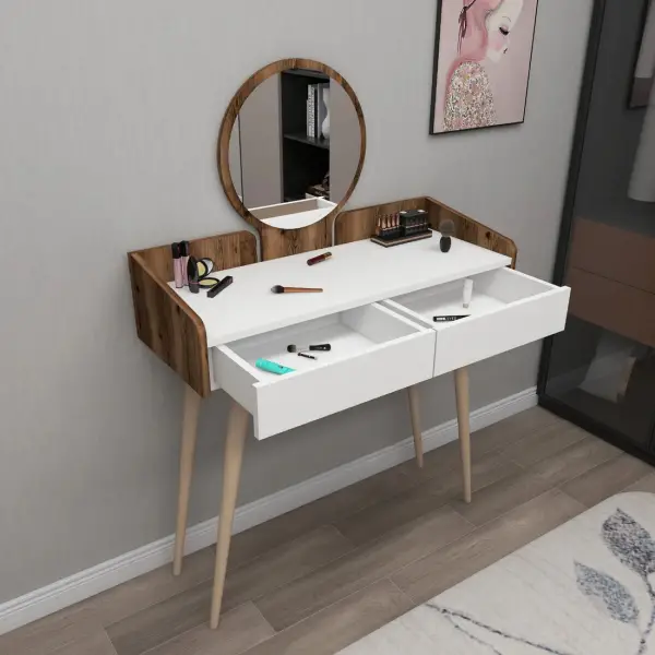 Burim Makeup Vanity Table with Mirror - Light Walnut / White