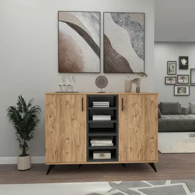 Octavia Sideboard with Cabinets and Shelves - Atlantic Pine / Anthracite