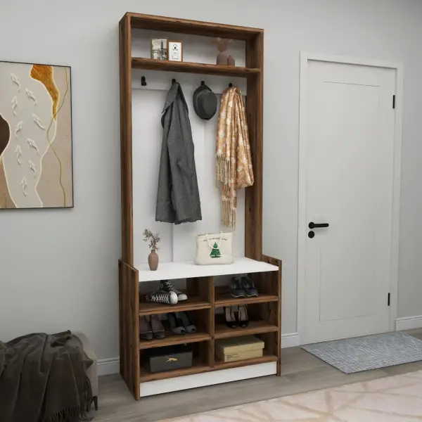 Edrice Hallway Coat Rack with Shelves - Light Walnut / White