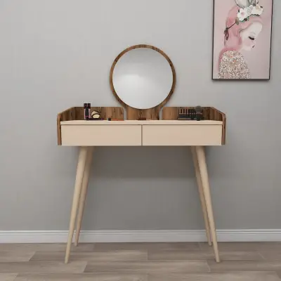 Burim Makeup Vanity Table with Mirror - Light Walnut / Beige