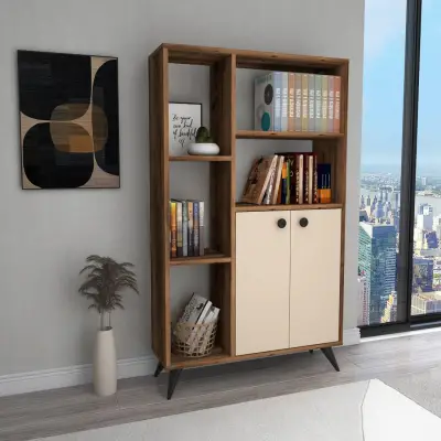 Melantha Bookcase with Cabinets and Shelves - Light Walnut / Beige