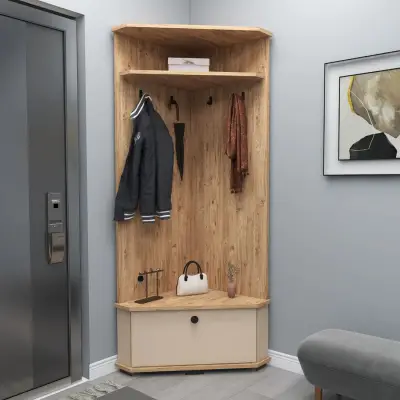 Reina Corner Hallway Coat Rack with Cabinet - Atlantic Pine / Beige