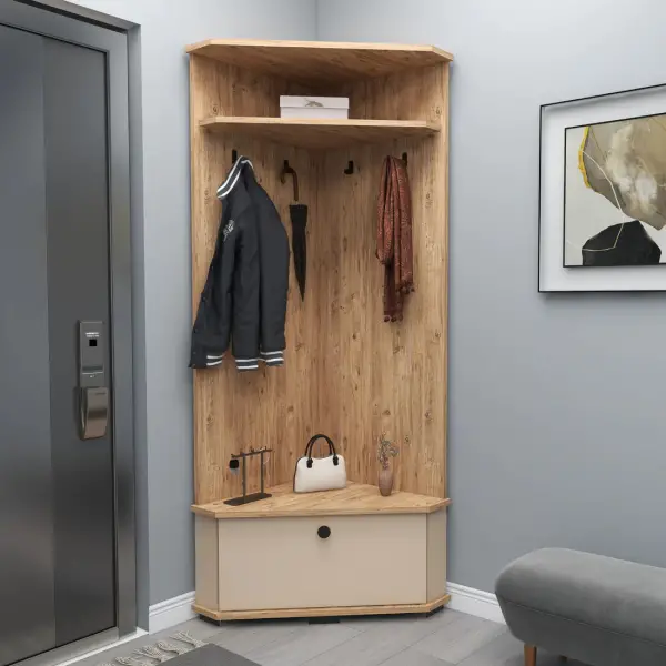 Reina Corner Hallway Coat Rack with Cabinet - Atlantic Pine / Beige