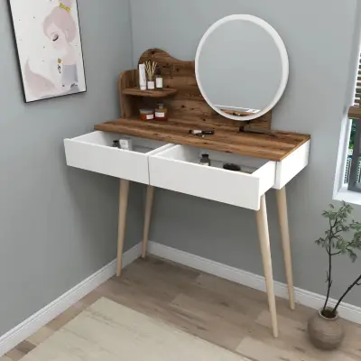 Aron Makeup Vanity Table with Mirror - Light Walnut / White