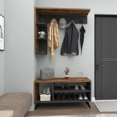 Cassia Hallway Coat Rack with Shelves - Light Walnut / Anthracite