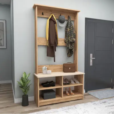 Amelia Hallway Coat Rack with Shelves - Atlantic Pine / Beige