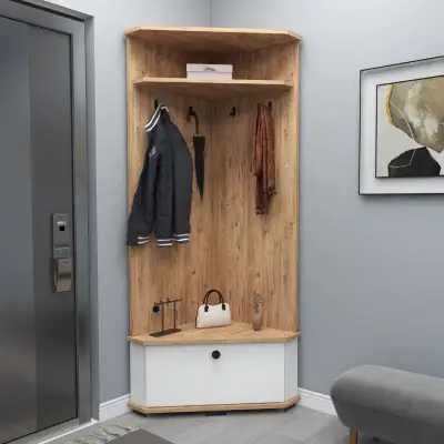 Reina Corner Hallway Coat Rack with Cabinet - Atlantic Pine / White