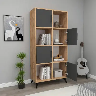 Nyx Bookcase with Cabinets and Shelves - Atlantic Pine / Anthracite