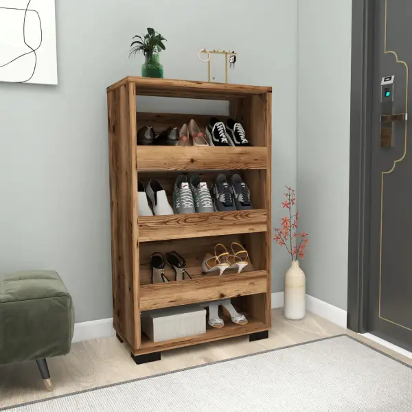 Leslie Shoe Storage Shelf with Cabinet - Light Walnut