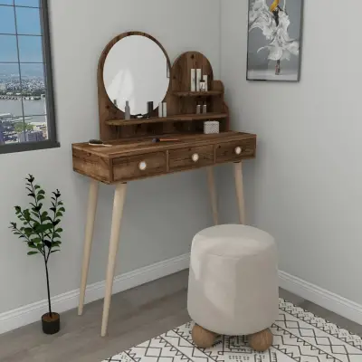 Vetone Makeup Vanity Table with Mirror -  Light Walnut