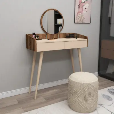 Burim Makeup Vanity Table with Mirror - Light Walnut / Beige