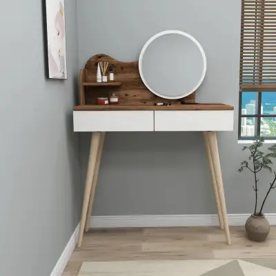 Aron Makeup Vanity Table with Mirror - Light Walnut / White