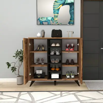 Leander Shoe Storage Shelf with Cabinet - Light Walnut / Black