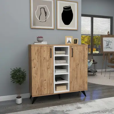 Leander Bookcase with Cabinets and Shelves - Atlantic Pine / White