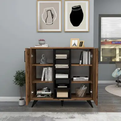 Leander Bookcase with Cabinets and Shelves - Light Walnut / Black