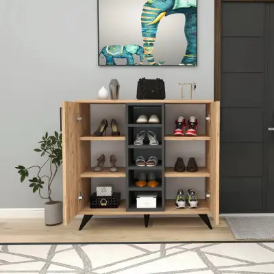 Leander Shoe Storage Shelf with Cabinet - Atlantic Pine / Anthracite