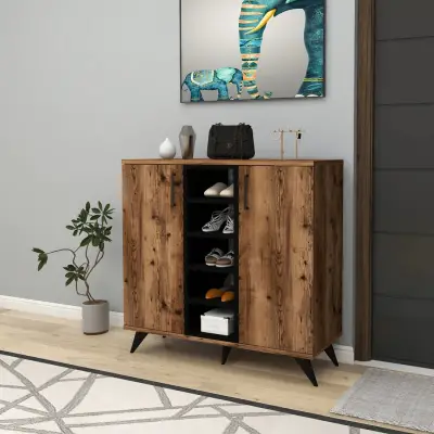 Leander Shoe Storage Shelf with Cabinet - Light Walnut / Black