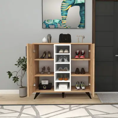 Leander Shoe Storage Shelf with Cabinet - Atlantic Pine / White