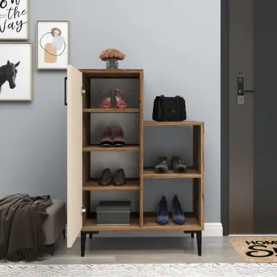 Beate Shoe Storage Shelf with Cabinet - Light Walnut / Beige