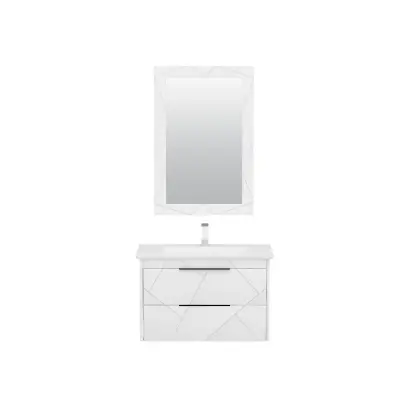 Keops Bathroom Washbasin Cabinet with Framed Wall Mirror, Sink & Side Cabinet Set - White