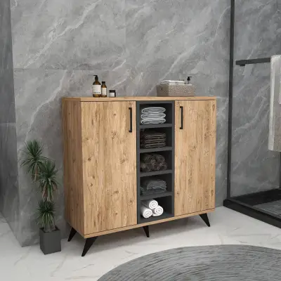 Leander Bathroom Cabinet with Shelves - Atlantic Pine & Anthracite