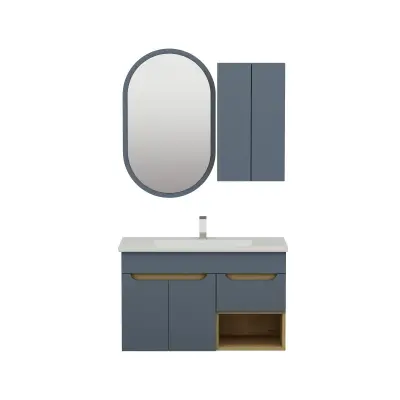 Alexa Bathroom Top-Bottom Washbasin Cabinet Mirror, Sink & Side Cabinet Set - Ireland Blue &