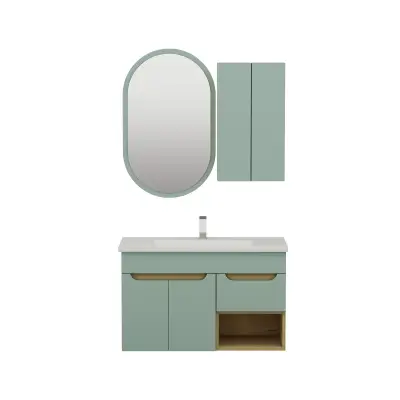 Alexa Bathroom Top-Bottom Washbasin Cabinet Mirror, Sink and Side Cabinet Set - Light Green & Oa