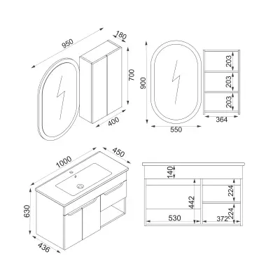 Alexa Bathroom Top-Bottom Washbasin Cabinet Mirror, Sink & Side Cabinet Set - Ireland Blue &