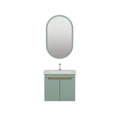 Alexa Bathroom Top-Bottom Washbasin Cabinet Mirror, Sink and Side Cabinet Set - Light Green & Oa