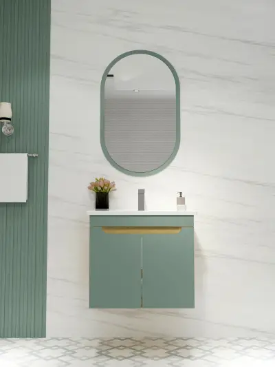 Alexa Bathroom Top-Bottom Washbasin Cabinet Mirror, Sink and Side Cabinet Set - Light Green & Oa