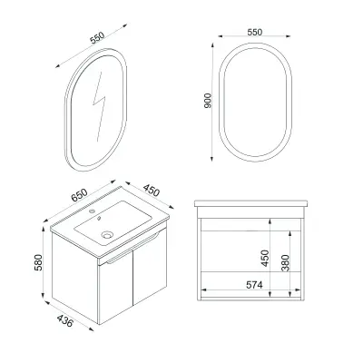 Alexa Bathroom Top-Bottom Washbasin Cabinet Mirror, Sink and Side Cabinet Set - Light Green & Oa