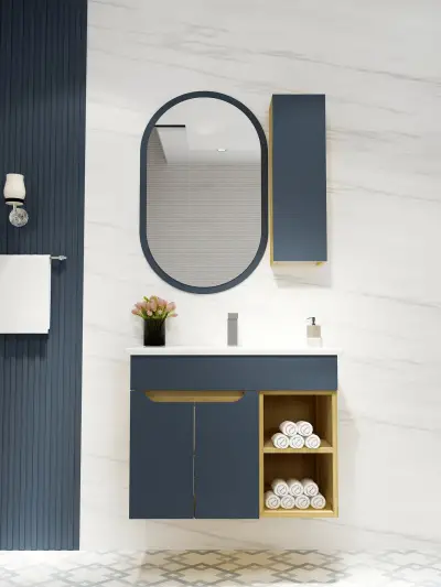 Alexa Bathroom Top-Bottom Washbasin Cabinet Mirror, Sink & Side Cabinet Set - Ireland Blue &