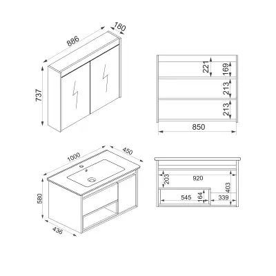 Arty Bathroom Top-Bottom Washbasin Cabinet with Mirror, Sink & Side Cabinet Set - Oak & Whit