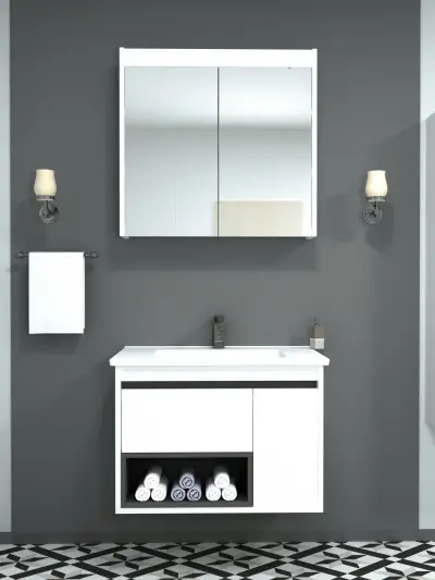 Arty Bathroom Top-Bottom Washbasin Cabinet Mirror, Sink & Side Cabinet Set - White & Anthrac