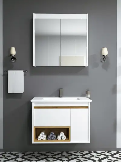 Arty Bathroom Top-Bottom Washbasin Cabinet with Mirror, Sink & Side Cabinet Set - Oak & Whit