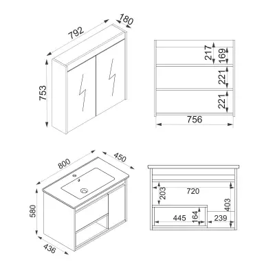 Arty Bathroom Top-Bottom Washbasin Cabinet with Mirror, Sink & Side Cabinet Set - Oak & Whit