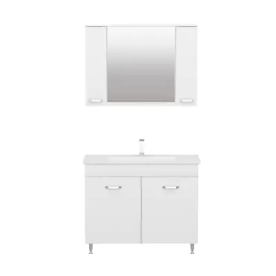 Bion Bathroom Top-Bottom Washbasin Cabinet with Mirror, Sink & Side Cabinet Set - White