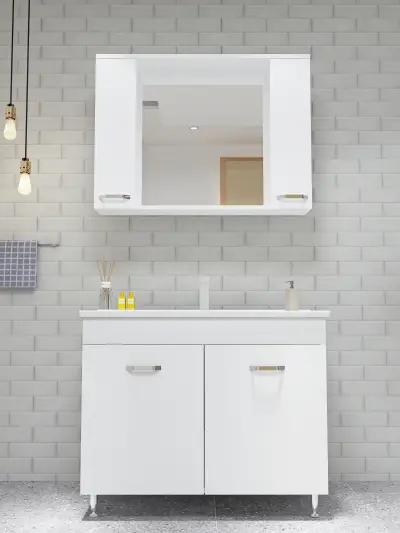 Bion Bathroom Top-Bottom Washbasin Cabinet with Mirror, Sink & Side Cabinet Set - White