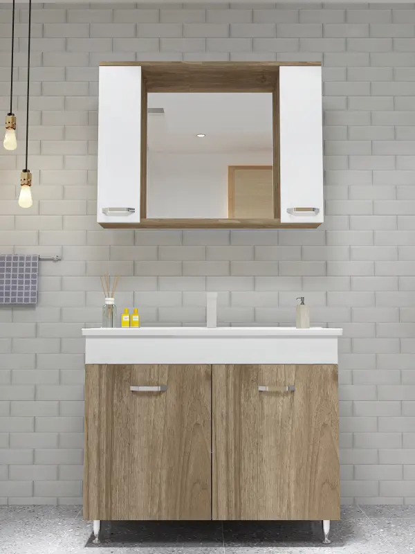 Bion Bathroom Top-Bottom Washbasin Cabinet with Mirror, Sink & Side Cabinet Set - Walnut & White