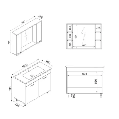 Bion Bathroom Top-Bottom Washbasin Cabinet with Mirror, Sink & Side Cabinet Set - White