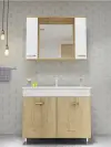 Bion Bathroom Top-Bottom Washbasin Cabinet with Mirror, Sink & Side Cabinet Set - Oak & Whit