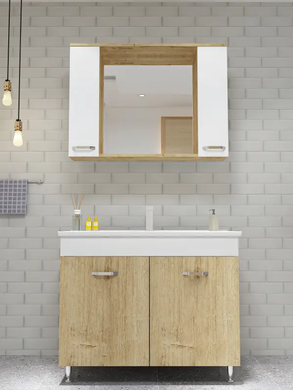 Bion Bathroom Top-Bottom Washbasin Cabinet with Mirror, Sink & Side Cabinet Set - Oak & White