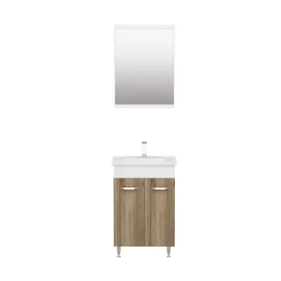 Bion Bathroom Top-Bottom Washbasin Cabinet with Mirror, Sink & Side Cabinet Set - Walnut & W