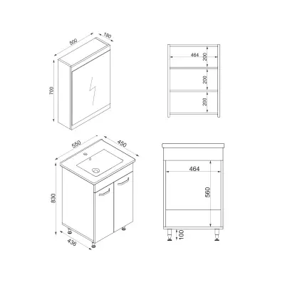 Bion Bathroom Top-Bottom Washbasin Cabinet with Mirror, Sink & Side Cabinet Set - Oak & Whit