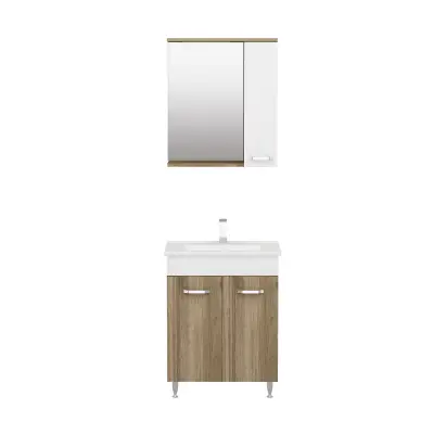 Bion Bathroom Top-Bottom Washbasin Cabinet with Mirror, Sink & Side Cabinet Set - Walnut & W