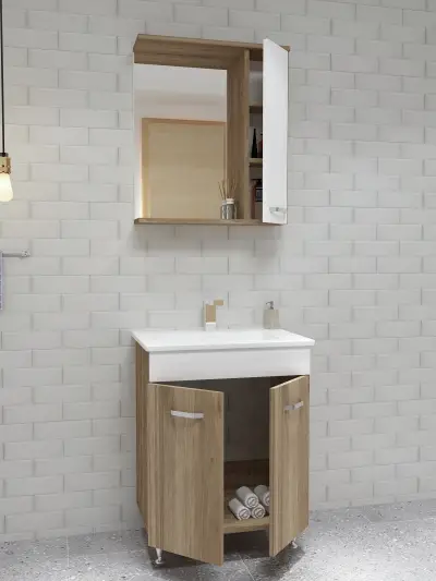 Bion Bathroom Top-Bottom Washbasin Cabinet with Mirror, Sink & Side Cabinet Set - Walnut & W