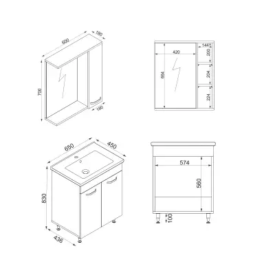 Bion Bathroom Top-Bottom Washbasin Cabinet with Mirror, Sink & Side Cabinet Set - White